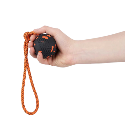 Dog Ball on Rope – Unisex – Orange/Black – 60 x 60 mm