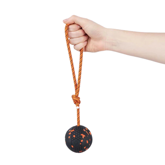 Dog Ball on Rope – Unisex – Orange/Black – 60 x 60 mm